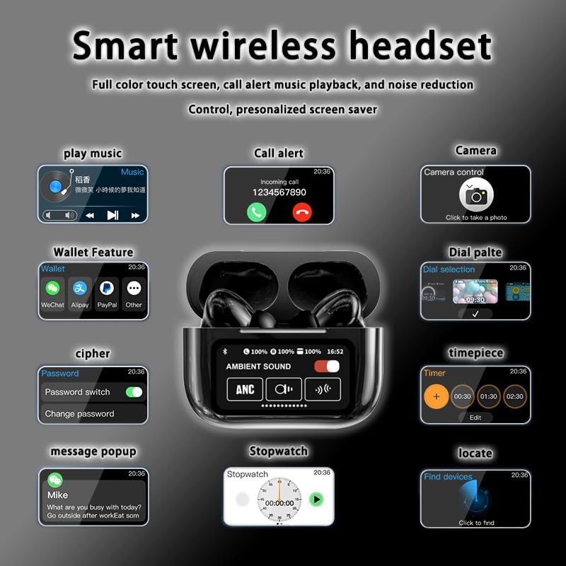 A9 Pro Black Wireless Bluetooth Earphones – Cutting-Edge Touch Screen Noise Cancelling Sports Earbuds with IPX4 Waterproof Protection, Advanced 5.4 Bluetooth Connectivity, and Ergonomic Comfort for Unmatched Audio Performance During Workouts and Daily Activities