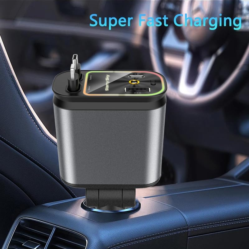 Ultimate 3-in-1 Retractable Car Charger – 50 W Fast Charging Solution with Type C Cable & USB Port for i Phone 16/15/14/13/12/11, Galaxy & Pixel Devices – Tangle-Free Convenience for On-the-Go Power Management