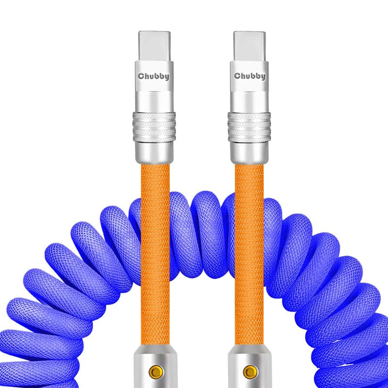 Experience Unmatched Charging Versatility with the Chubbycable Curly Chubby – 240 W High-Speed Retractable USB-C Cable, Extends 2.29 to 3.6 FT, Ideal for Car Play & Android Auto, Stylish Dark Blue and Green Coiled Design for Effortless Organization and Durability