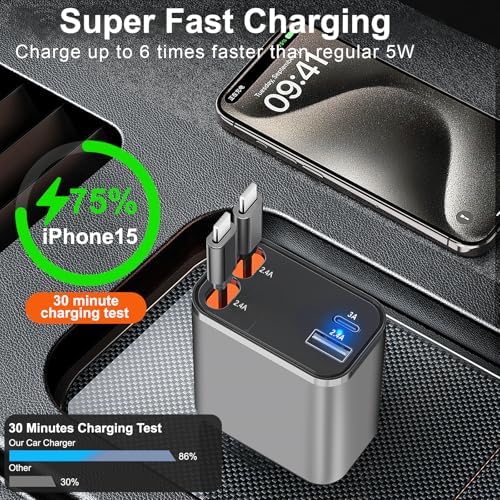 Ultra-Compact 4-in-1 Retractable Car Charger – Dual Type-C and USB Ports, Super Fast Charging for Samsung Galaxy Note Series and More – Multi-Device Convenience for Road Trips and Daily Commutes
