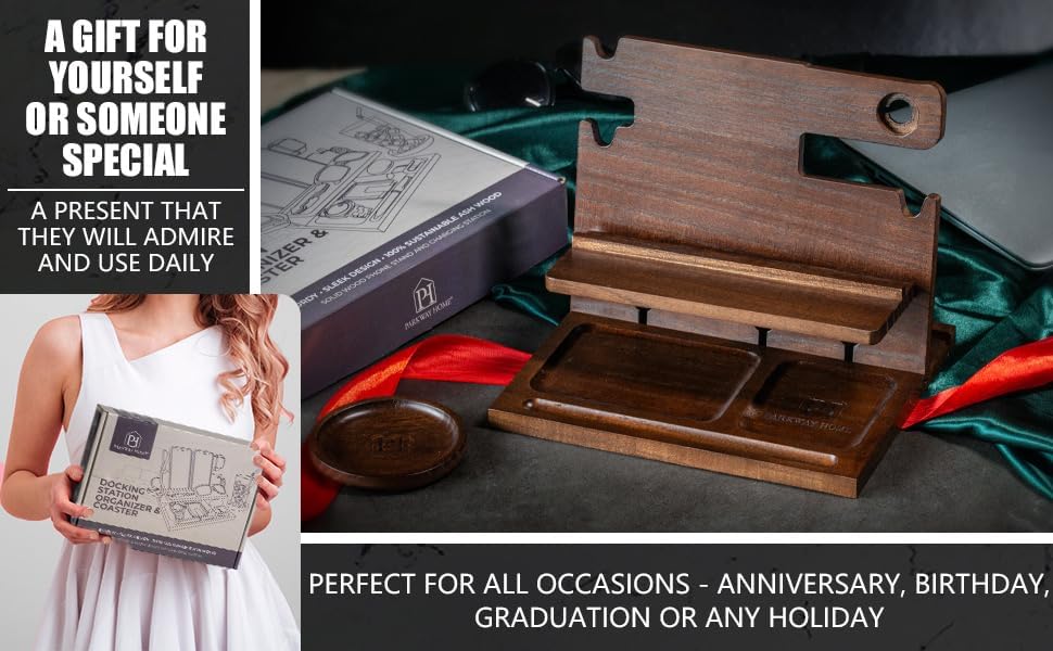 Premium Black Wood Multi-Device Docking Station – Sleek Nightstand Organizer with Hidden Drawer for Valuables, Ideal for Phones, Tablets, Apple Watch, Keys, and EDC Essentials – Streamlined Charging and Elegant Design for Home or Office