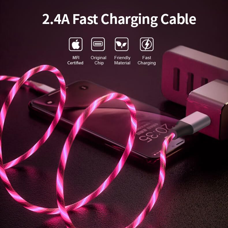 Illuminate Your Charging Experience: 6 ft LED Light-Up MFi Certified i Phone Charger Cable – Fast Charging for i Phone 14, 13, 12, 11 Pro Max, XR, X, SE, 8 Plus, i Pad & i Pod (Vibrant Purple) – Stylish, Durable, and Convenient Performance