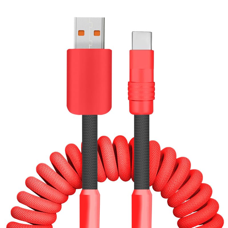 Vibrant Spiral Braid Fast Charging Cable – Curly Chubby USB C to A Cord for Phones & Tablets, Tangle-Free Design in Dark Blue, Yellow & Red (2.29 FT to 3.6 FT) – Ultimate Durability & Rapid Power Delivery