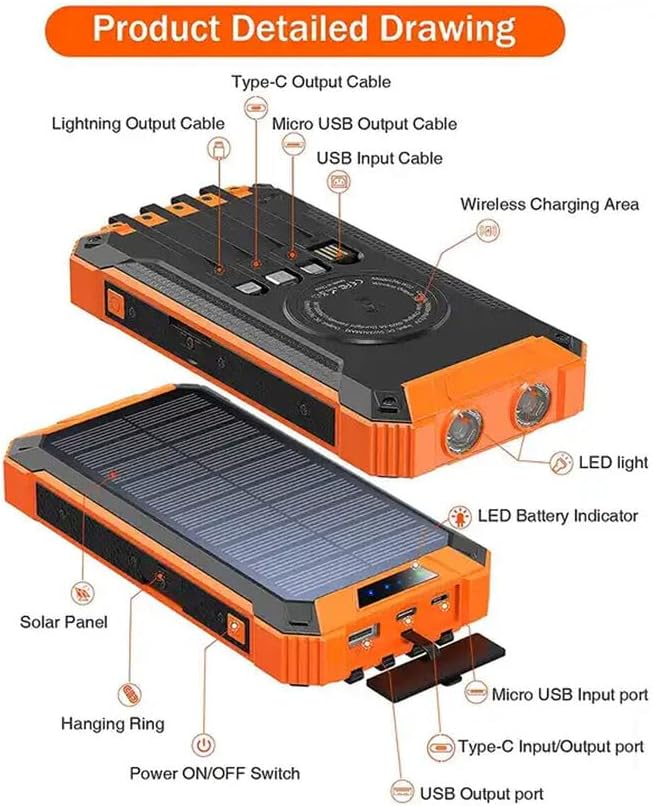 Ultimate Solar Power Bank – 10,000 m Ah Portable Charger with Fast Wireless Charging, 4 USB Ports, Built-in Cables, LED Flashlight & Carabiner – Waterproof Outdoor Essential for i Phone & Android Devices (Black/Red) – Empower Your Adventures!