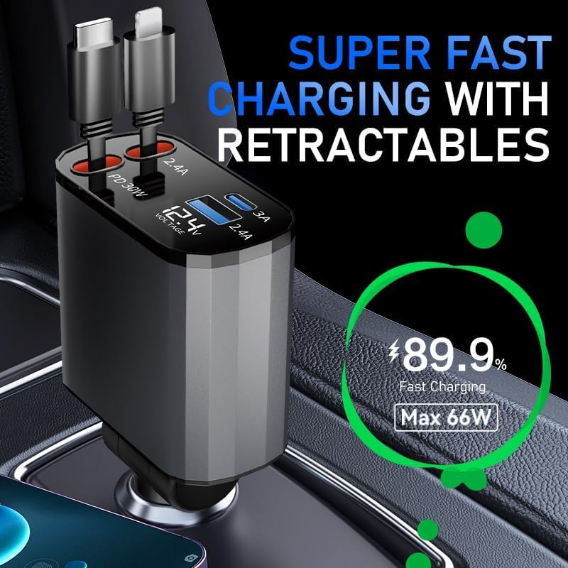 TICCI 60 W Retractable Car Charger: 4-in-1 Fast Charging Solution for i Phone 16-12, USB-C & Android Devices – Ultimate Convenience with Tangle-Free Design and Enhanced Compatibility for Road Trips and Daily Commutes