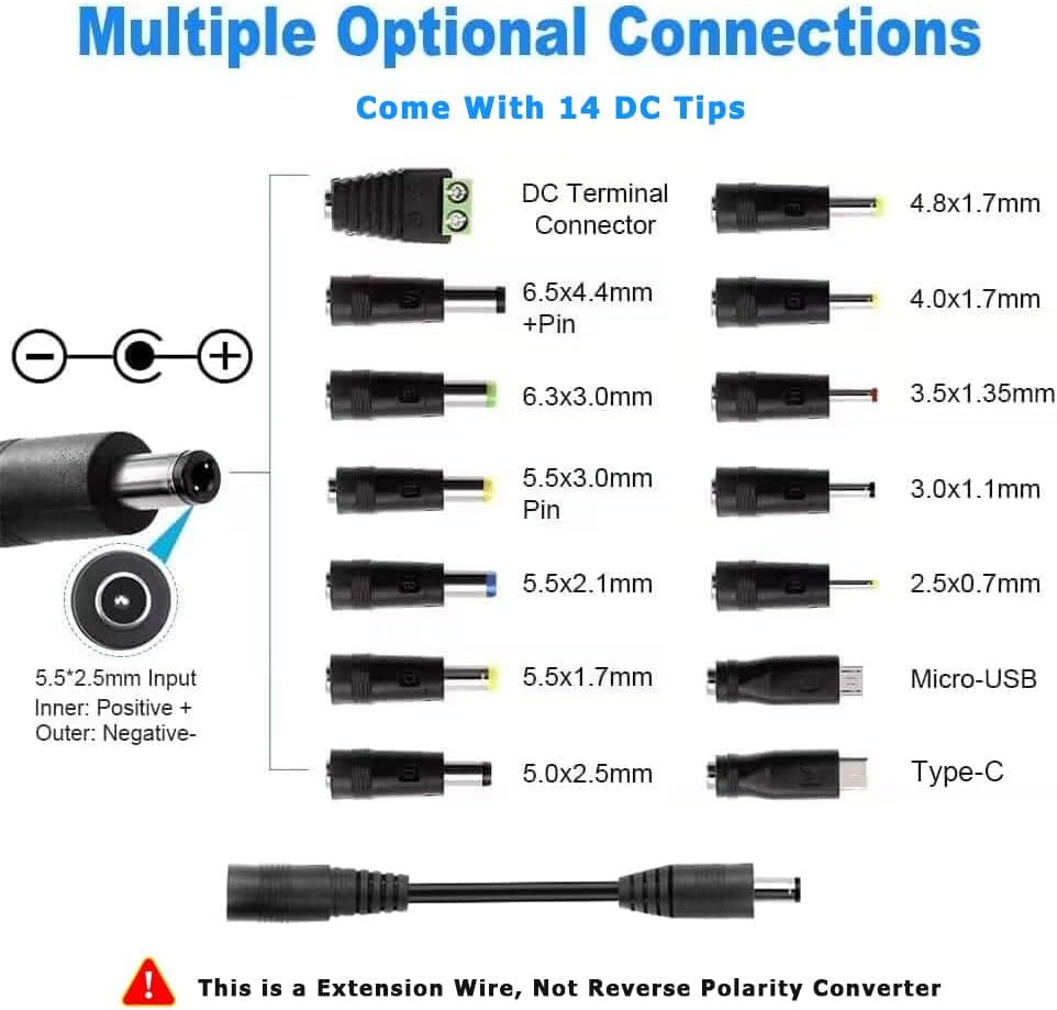 Versatile Adjustable DC Power Supply 3 V-24 V with Digital Voltage Display and 14 Interchangeable Tips – High-Efficiency Universal AC/DC Adapter for Global Use, 3 A 72 W Output for Reliable Device Compatibility
