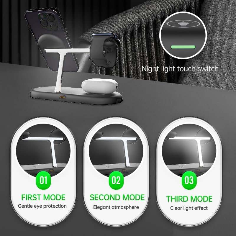 3-in-1 Wireless Charging Station for i Phone 16/15/14/13/12, Air Pods & Samsung Galaxy Watch – Fast Charge, Integrated Night Light & Sleek Design for Ultimate Convenience and Organization