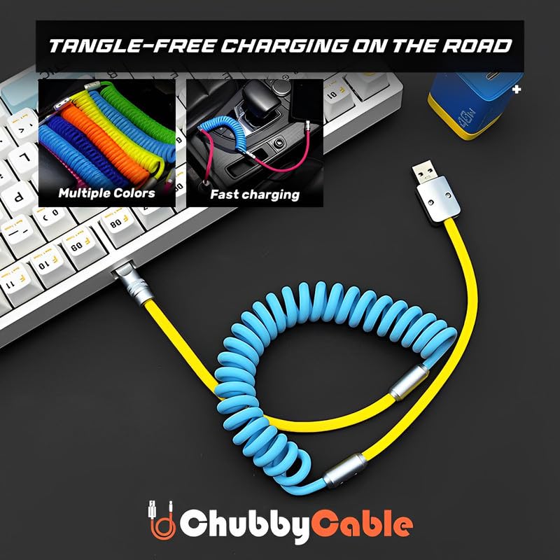 Experience Unmatched Charging Versatility with the Chubbycable Curly Chubby – 240 W High-Speed Retractable USB-C Cable, Extends 2.29 to 3.6 FT, Ideal for Car Play & Android Auto, Stylish Dark Blue and Green Coiled Design for Effortless Organization and Durability