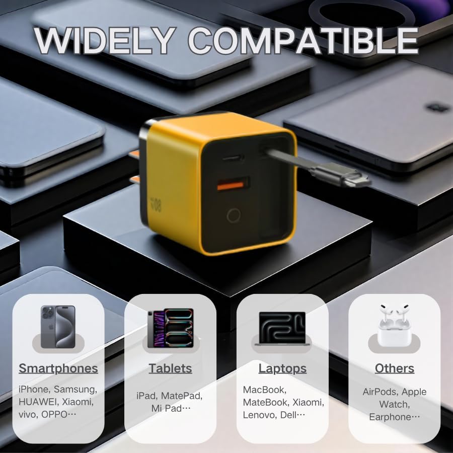 High-Efficiency 3-in-1 Ga N Charger – 80 W High-Speed Power Hub with Retractable USB-C Cable & Dual USB Ports for Ultimate Multi-Device Charging – Ideal Companion for Laptops, Smartphones, and Wireless Earbuds on the Move