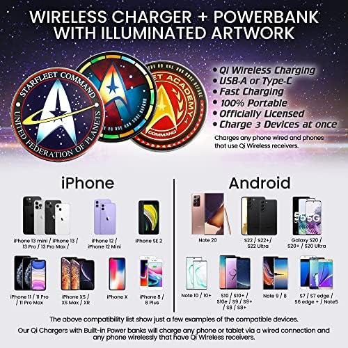 Star Trek Illuminating Wireless Charger & Backup Battery Pack – Sci-Fi Inspired Portable Phone Charger with Light-Up Transporter Pad Logo for Enhanced Compatibility and Fast Charging – Ultimate Gift for Star Trek Fans and Tech Enthusiasts