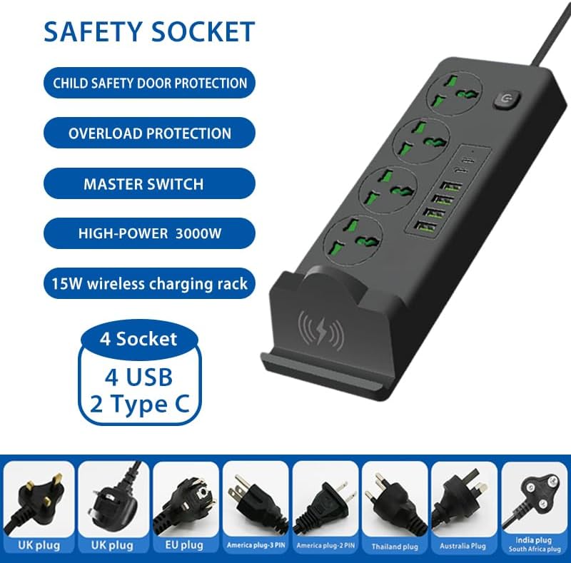 Universal Power Socket with Wireless Charging Pad – Multi-Device Desktop Charging Station Featuring 4 AC Outlets, 4 USB Ports & 2 Type-C Ports, Fire-Resistant Design for Enhanced Safety – Ideal for Home, Office, and Travel Use