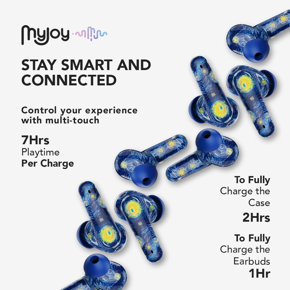Elevate Your Audio Experience with My Joy Classic Wireless Earbuds – Stylish Van Gogh-Inspired Design, Dual Microphones for Crystal-Clear Calls, IPX5 Sweatproof for Active Lifestyles, Enjoy Up to 7 Hours of Playtime, Noise-Reducing Technology, Effortless Wireless Charging and Enhanced Compatibility for Seamless Device Connection