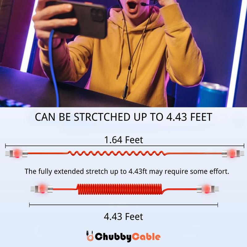 Neon Chubby USB-C Charging Cable with Fast Charge and Adjustable Length – Coiled Design for Maximum Flexibility and Stunning Gradient Illumination (1.64 FT to 4.43 FT) – Durable and Stylish Accessory for Smartphones and Tablets, Enhancing Your Charging Experience with Eye-Catching Glow and Robust Performance