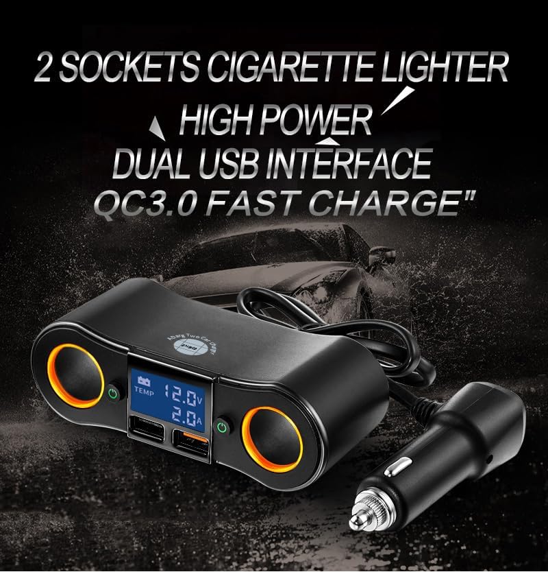 Dual USB Quick Car Charger Adapter with 2 Socket Cigarette Lighter Splitter – LED Voltage Display & Eco-Friendly On/Off Switch for Enhanced Device Charging and i Phone Compatibility