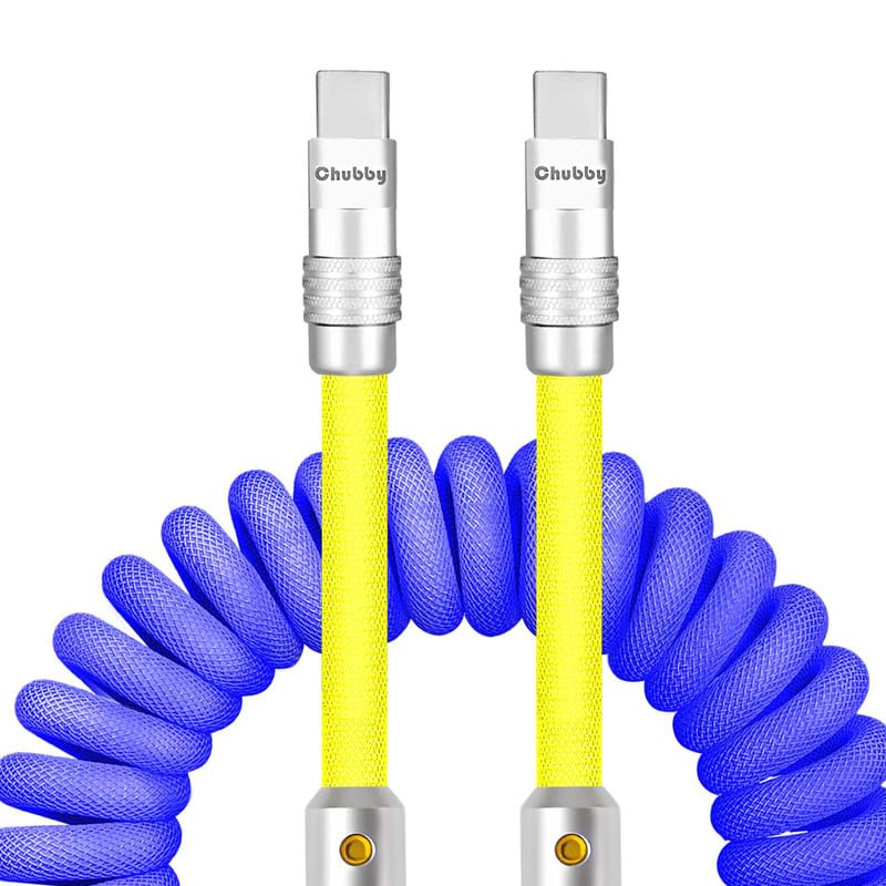 Experience Unmatched Charging Versatility with the Chubbycable Curly Chubby – 240 W High-Speed Retractable USB-C Cable, Extends 2.29 to 3.6 FT, Ideal for Car Play & Android Auto, Stylish Dark Blue and Green Coiled Design for Effortless Organization and Durability