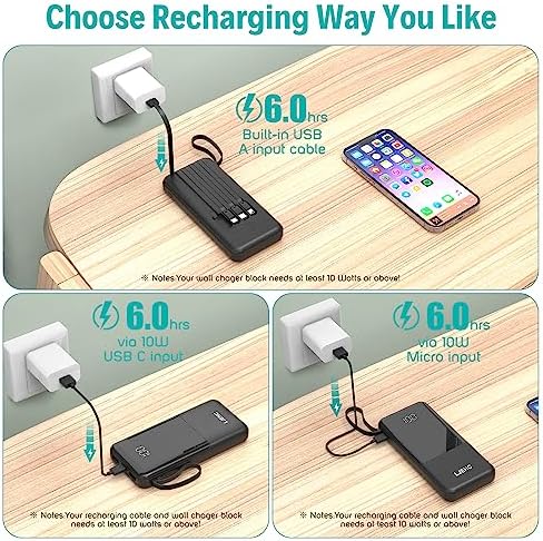 Slim 10,000 m Ah Portable Charger with Built-in Cables – High-Speed USB-C Power Bank for Travel | 5 Outputs & 3 Inputs, LED Display, Compatible with i Phone, Samsung, Pixel, LG & More – Essential Power Solution for On-the-Go Charging