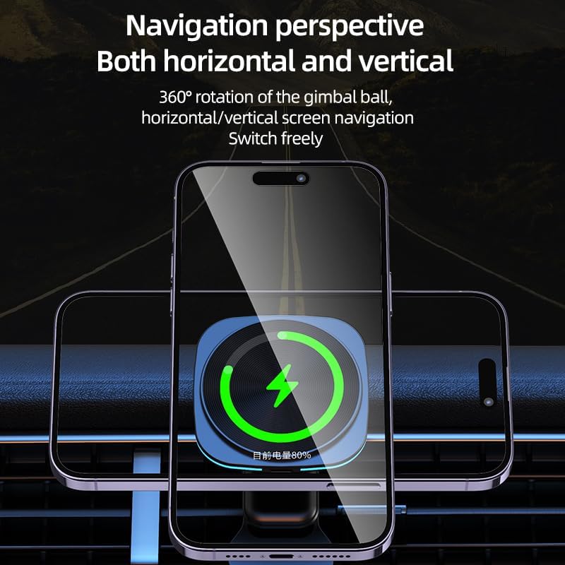 15 W Fast Magnetic Wireless Car Phone Mount for i Phone 12-15 Series – Sleek Automotive Charger Holder with One-Handed Operation and Blue Light Indicator for Safe Navigation and Quick Power-ups – Essential Driving Accessory