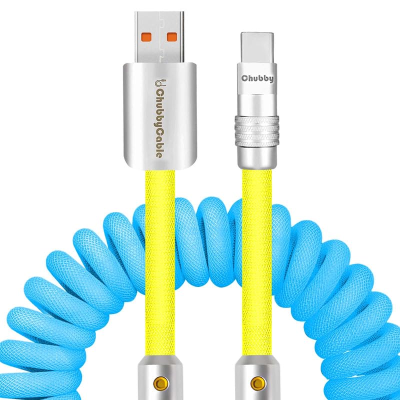Experience Unmatched Charging Versatility with the Chubbycable Curly Chubby – 240 W High-Speed Retractable USB-C Cable, Extends 2.29 to 3.6 FT, Ideal for Car Play & Android Auto, Stylish Dark Blue and Green Coiled Design for Effortless Organization and Durability