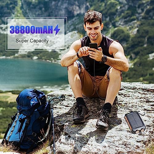 Ultimate Solar Power Bank, 38,800 m Ah Portable Charger with Dual USB-A & Type-C Ports, 15 W Fast Charging, Waterproof Design, Built-in LED Flashlight – Ideal for Outdoor Adventures and Emergency Preparedness