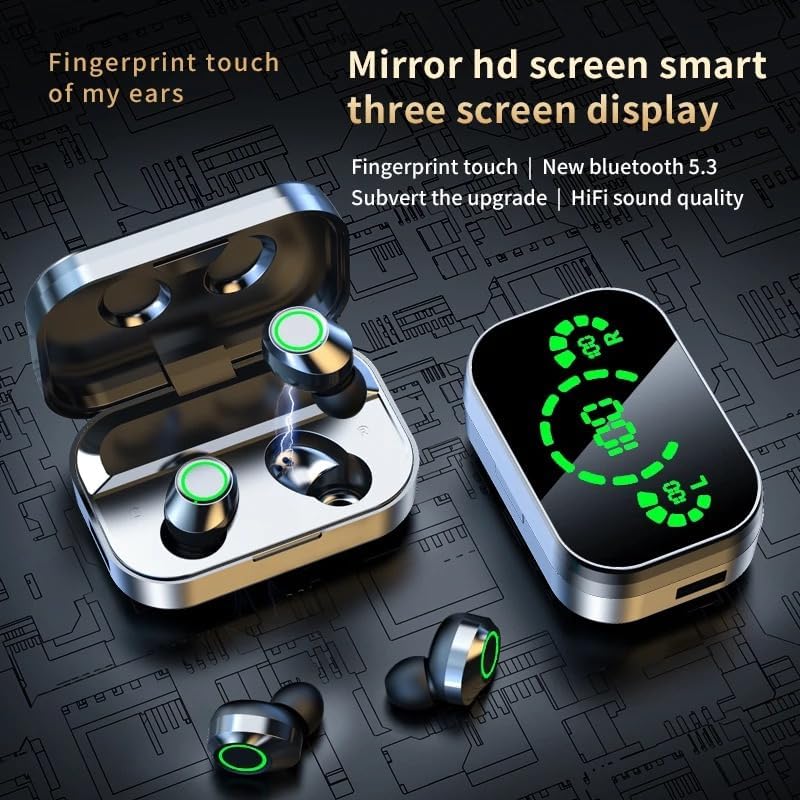 Ultimate Bluetooth 5.3 True Wireless Earbuds with Smart Touch Control & Fast Charging Case – Stylish Black Mini Design Featuring Green LED Mirrored Screen for Enhanced Portability, Superior Sound Quality, and Seamless Connectivity