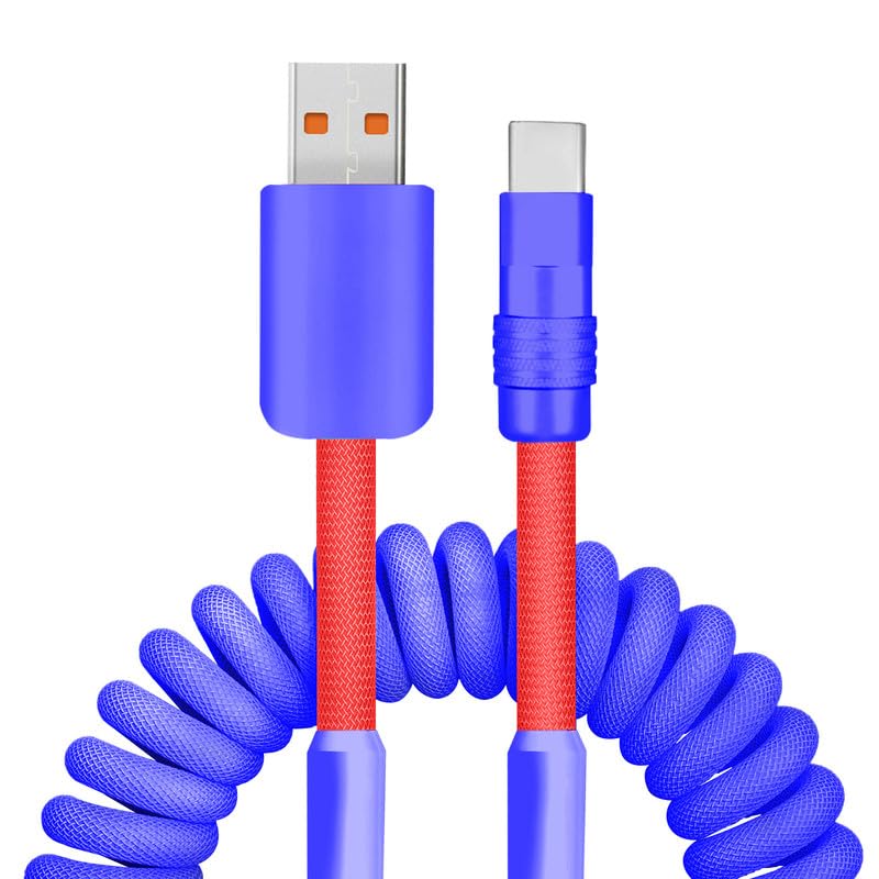 Dynamic Curly Chubby Coiled USB C Cable: 240 W Fast Charge Retractable Spiral Braid Cord for Carplay & Android Auto, Versatile Length 2.29 FT to 3.6 FT, Sleek Black and Red Design, Enhanced Compatibility for All USB-A to Type-C Devices