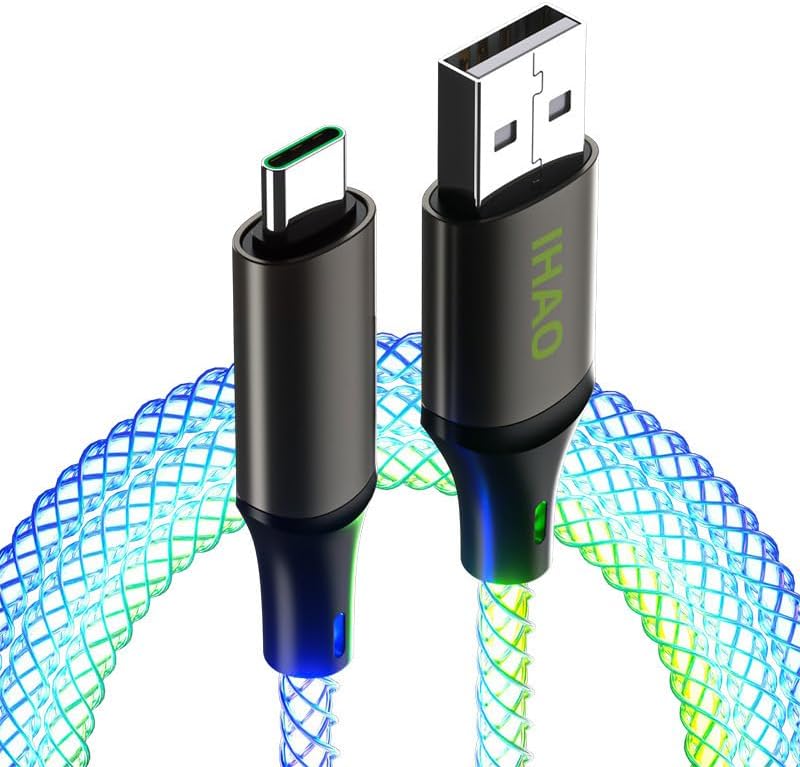 IHAO 60 W USB Type C to Type C Fast Charging Cable with LED Current Indicator – High-Speed Data Transfer for Android & i OS Devices – 39 Inch Universal Charger in Vibrant Green – Durable, Efficient Power Delivery for Modern Tech