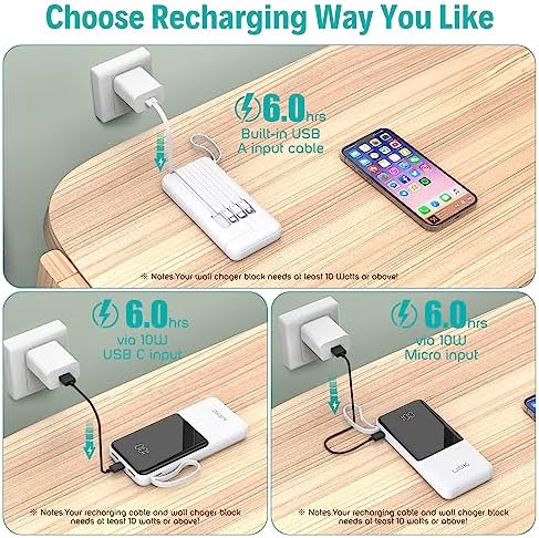 Slim 10,000 m Ah Portable Charger with Built-in Cables – High-Speed USB-C Power Bank for Travel | 5 Outputs & 3 Inputs, LED Display, Compatible with i Phone, Samsung, Pixel, LG & More – Essential Power Solution for On-the-Go Charging