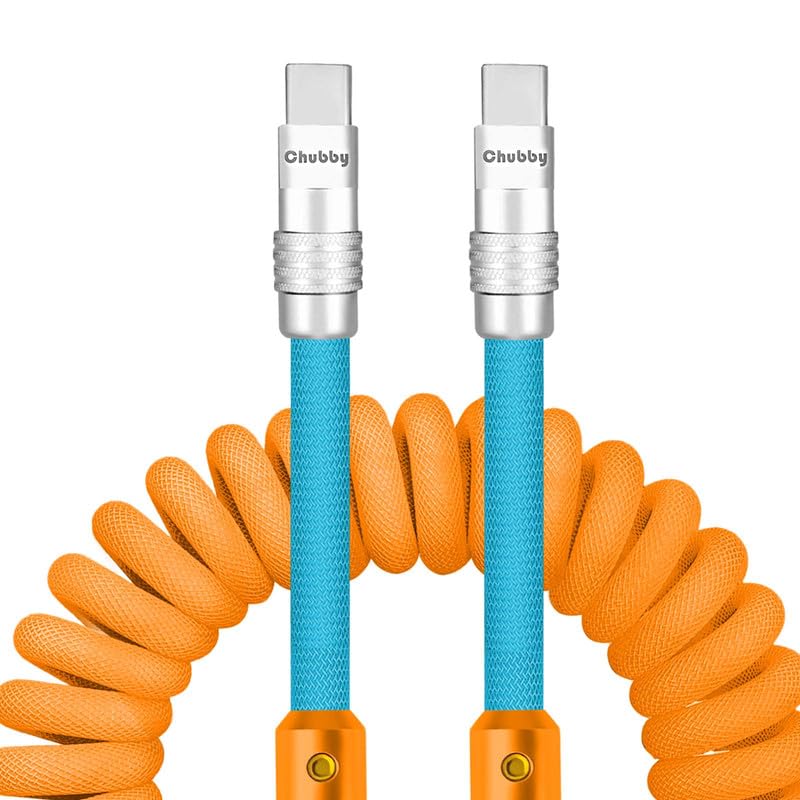 Experience Unmatched Charging Versatility with the Chubbycable Curly Chubby – 240 W High-Speed Retractable USB-C Cable, Extends 2.29 to 3.6 FT, Ideal for Car Play & Android Auto, Stylish Dark Blue and Green Coiled Design for Effortless Organization and Durability