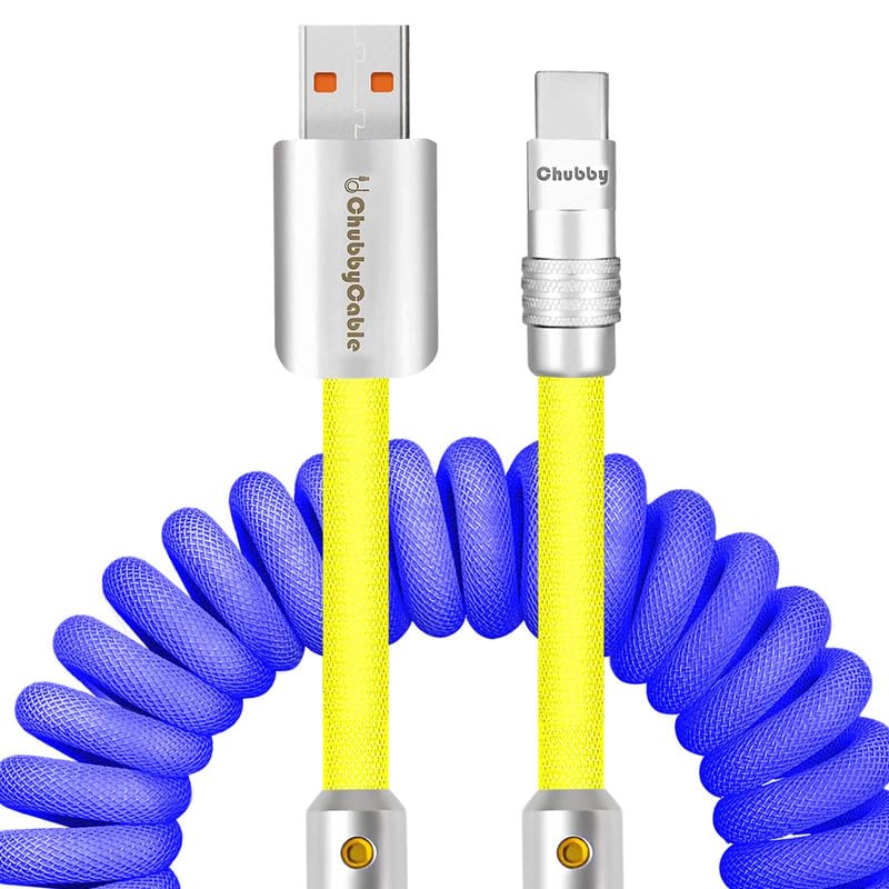 Experience Unmatched Charging Versatility with the Chubbycable Curly Chubby – 240 W High-Speed Retractable USB-C Cable, Extends 2.29 to 3.6 FT, Ideal for Car Play & Android Auto, Stylish Dark Blue and Green Coiled Design for Effortless Organization and Durability