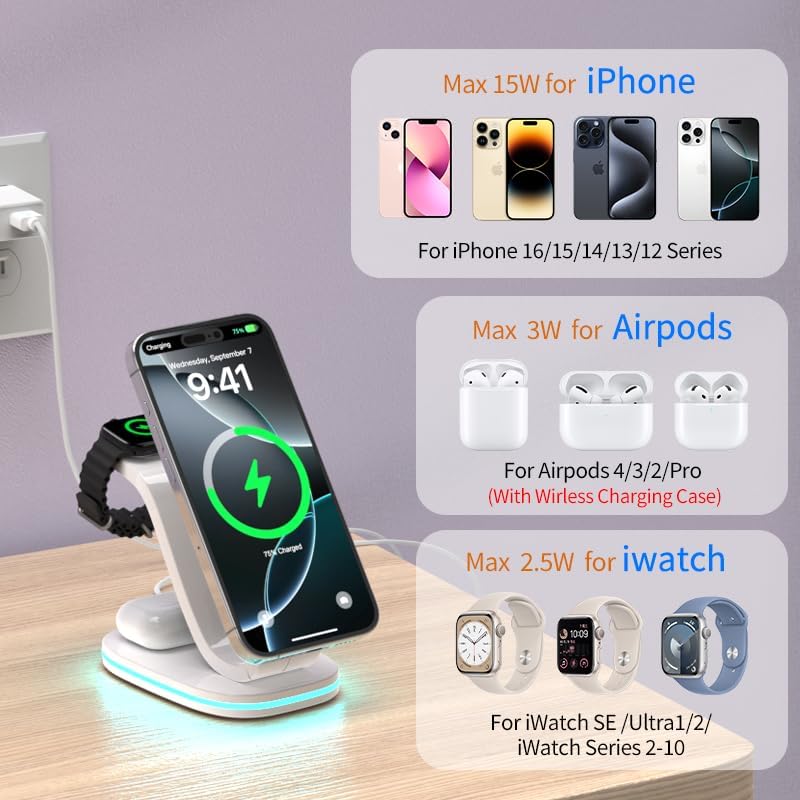 Ultimate 3-in-1 Qi2 Wireless Charging Station with 30 W USB-C Fast Adapter – Sleek Mag-Safe Charger Stand for i Phone 16, 15, 14 Pro Max, Apple Watch Series 10, 9 & Air Pods 4, 3 Pro – Enhanced Efficiency & Safety Features for Multi-Device Charging Convenience Experience unparalleled charging efficiency with our state-of-the-art 3-in-1 Wireless Charging Station, specifically crafted for Qi2-compatible devices. This advanced Mag-Safe charger stand delivers an impressive 15 W fast charge for your i Phone, 2.5 W for your Apple Watch, and 3 W for your Air Pods, ensuring a swift power-up for all your essentials. Engineered with a 30 W USB-C adapter, our charging station guarantees safety and stability, featuring intelligent current balancing and multi-level protection mechanisms against overheating and overcharging. The sleek design includes an adjustable LED nightlight, providing a soothing ambiance while conserving space on your nightstand or desk. With precise magnetic alignment for effortless device placement, enjoy a hassle-free charging experience while keeping your devices secure. Perfect for modern lifestyles, this charging solution combines functionality and aesthetics seamlessly. Elevate your charging routine with this indispensable accessory!