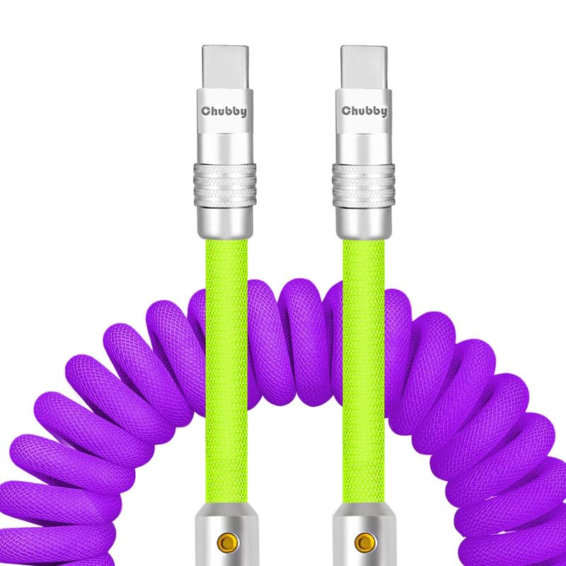 Experience Unmatched Charging Versatility with the Chubbycable Curly Chubby – 240 W High-Speed Retractable USB-C Cable, Extends 2.29 to 3.6 FT, Ideal for Car Play & Android Auto, Stylish Dark Blue and Green Coiled Design for Effortless Organization and Durability