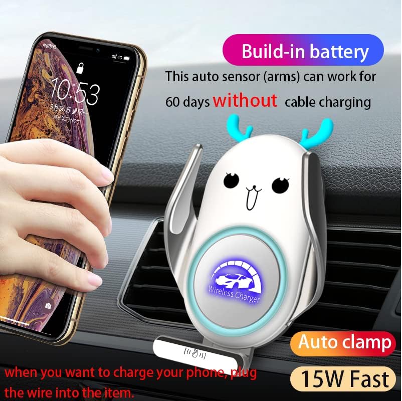 Charming Deer-Themed Wireless Car Charger Mount – 15 W Fast Charging with Auto-Clamping for i Phone & Samsung – Versatile Dashboard and Air Vent Installation – Ultimate Universal Phone Holder for Seamless Connectivity and Style