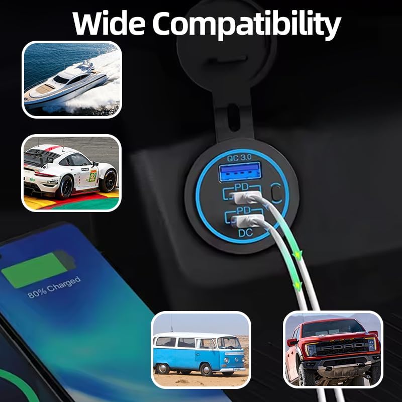 High-Speed 12 V USB Charging Outlet – Dual PD 3.0 & Quick Charge 3.0 Multi-Port Socket for Cars, Boats, Motorcycles & RVs – Waterproof Cigarette Lighter Replacement with Integrated Power Switch for Enhanced Safety and Efficiency