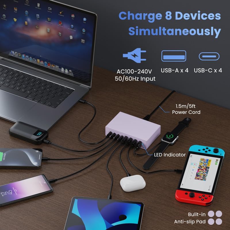 Revolutionize Your Charging Experience: 200 W Ga N III USB C Travel Charger Hub – 8-in-1 Multi-Device Fast Charging Station for Mac Book Pro, Dell XPS, i Phone 16/15/14 & Galaxy S24 – Compact, Lightweight Design with PD 65 W Power Delivery & Enhanced Compatibility – Stylish Purple Finish for Tech Enthusiasts