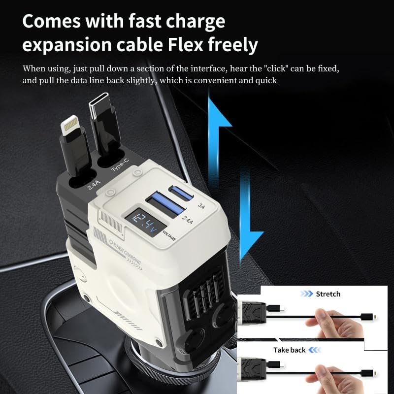 2025 Upgraded 4-in-1 Retractable Car Charger – Dual USB Ports with Fast Charging (Max 66 W) for i Phone 16/15/14/13/12 Pro Max & Samsung Galaxy Fold/S Series, Effortless Device Compatibility and Storage Solution