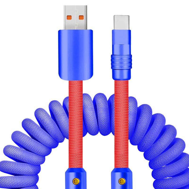 Experience Unmatched Charging Versatility with the Chubbycable Curly Chubby – 240 W High-Speed Retractable USB-C Cable, Extends 2.29 to 3.6 FT, Ideal for Car Play & Android Auto, Stylish Dark Blue and Green Coiled Design for Effortless Organization and Durability