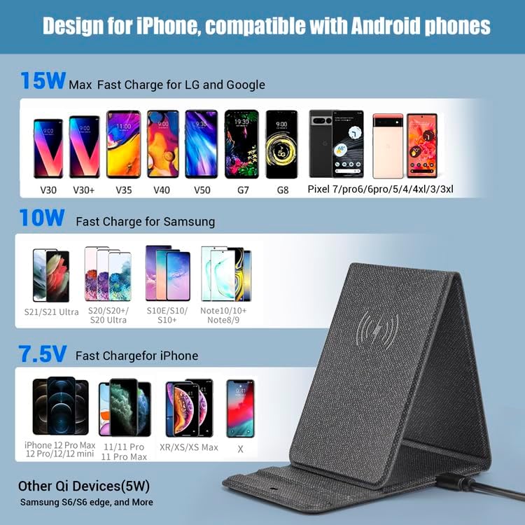 Compact Foldable Wireless Phone Charger with 15 W Fast Charging – Ultimate Portable Phone Holder for i Phone 15/14/13/12 Pro/XS/8 Plus & Samsung Galaxy S23/S22/S21/Note 20 – Effortless Charging on the Go with Enhanced Compatibility and Modern Design