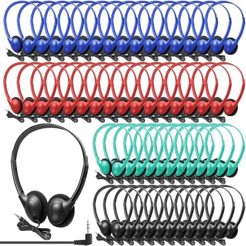 Premium Classroom Headphones 48-Pack – Durable Over-Ear Wired Stereo Headsets with 3.5 mm Jack for Students and Adults, Perfect for Learning and Entertainment – Vibrant Colors: Sky Blue, Orange, Pink, Yellow – Unmatched Comfort and Superior Sound Quality for Extended Use