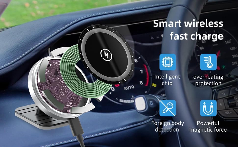 Magnetic Wireless Car Charger with Extended Arm for Unobstructed Airflow – 15 W Fast Charging Phone Holder Mount for Dashboard or Air Vent – Compatible with i Phone & Android Devices – Effortless Navigation and Music Control while Driving