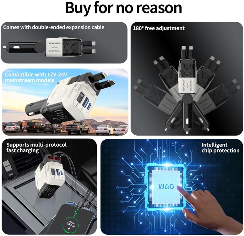 2025 Upgraded 4-in-1 Retractable Car Charger – Dual USB Ports with Fast Charging (Max 66 W) for i Phone 16/15/14/13/12 Pro Max & Samsung Galaxy Fold/S Series, Effortless Device Compatibility and Storage Solution