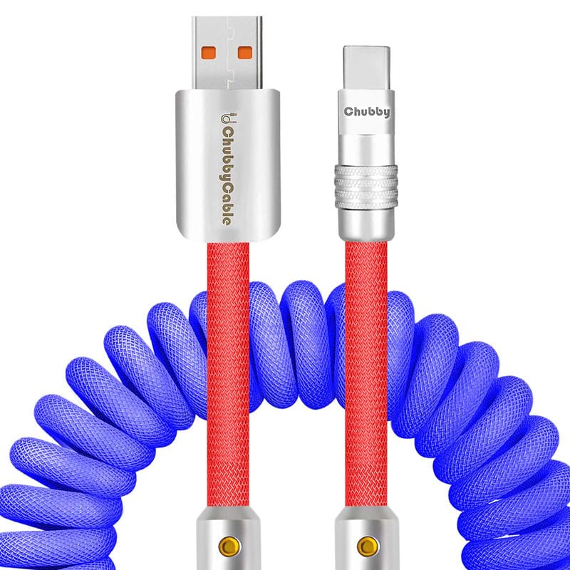 Experience Unmatched Charging Versatility with the Chubbycable Curly Chubby – 240 W High-Speed Retractable USB-C Cable, Extends 2.29 to 3.6 FT, Ideal for Car Play & Android Auto, Stylish Dark Blue and Green Coiled Design for Effortless Organization and Durability