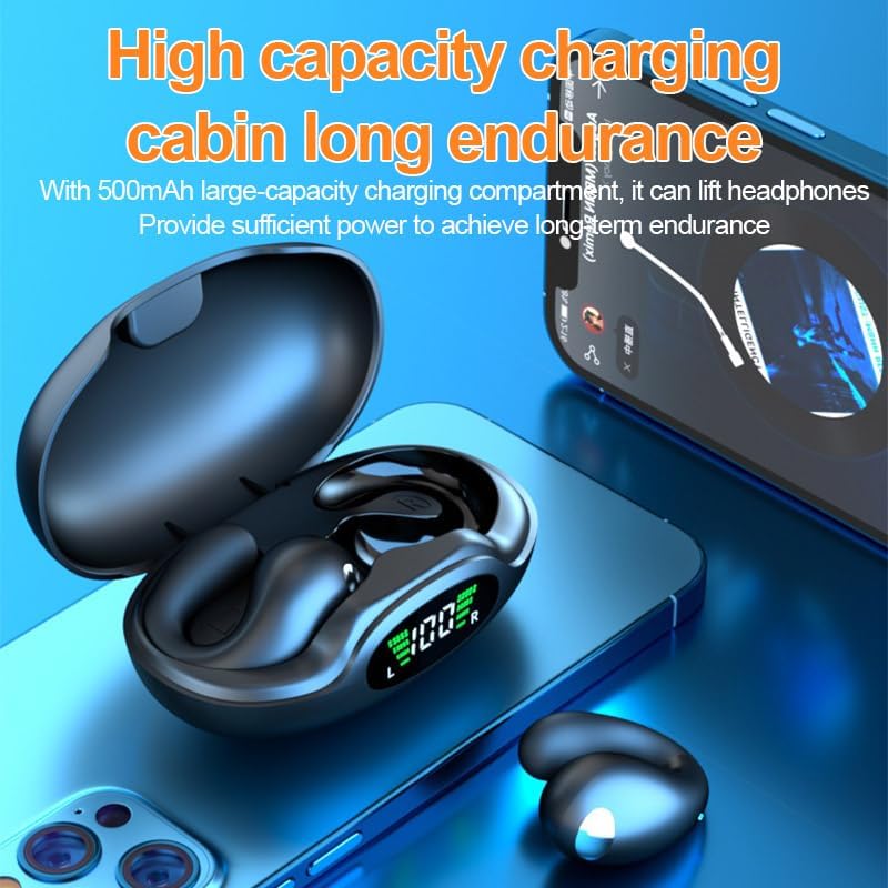 Innovative Wireless Bone Conduction Earbuds with Open Ear Design – 60-Hour Battery Life for Extended Playtime, IPX7 Waterproof for All-Weather Durability, Four Microphones for Superior Call Quality, Compact Clip-On Charging Case – Ideal for Active Lifestyles, Sports, and Office Use, Stay Connected and Aware with Unmatched Sound Clarity