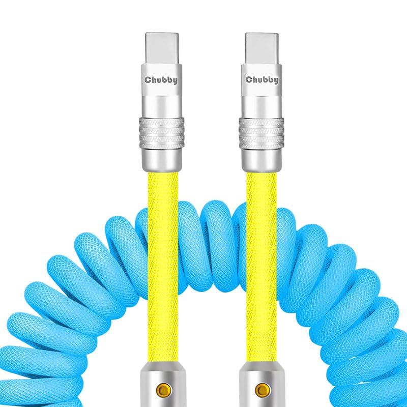 Experience Unmatched Charging Versatility with the Chubbycable Curly Chubby – 240 W High-Speed Retractable USB-C Cable, Extends 2.29 to 3.6 FT, Ideal for Car Play & Android Auto, Stylish Dark Blue and Green Coiled Design for Effortless Organization and Durability