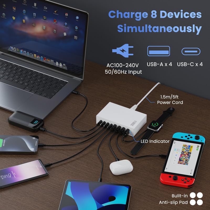 Revolutionize Your Charging Experience: 200 W Ga N III USB C Travel Charger Hub – 8-in-1 Multi-Device Fast Charging Station for Mac Book Pro, Dell XPS, i Phone 16/15/14 & Galaxy S24 – Compact, Lightweight Design with PD 65 W Power Delivery & Enhanced Compatibility – Stylish Purple Finish for Tech Enthusiasts