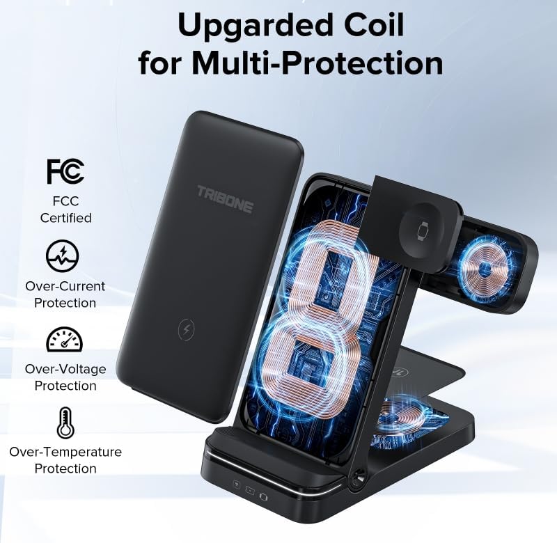 Tribone 3-in-1 Foldable Fast Wireless Charger for Apple Devices – Ultimate Charging Station for i Phone 11-16, Apple Watch Series 1-10, Air Pods Pro 4/3/2 – Sleek Black Design for Home & Travel – High-Speed Power-Up, Space-Saving Convenience
