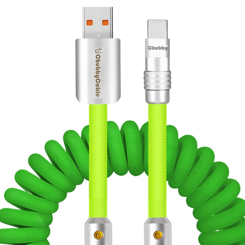 Experience Unmatched Charging Versatility with the Chubbycable Curly Chubby – 240 W High-Speed Retractable USB-C Cable, Extends 2.29 to 3.6 FT, Ideal for Car Play & Android Auto, Stylish Dark Blue and Green Coiled Design for Effortless Organization and Durability