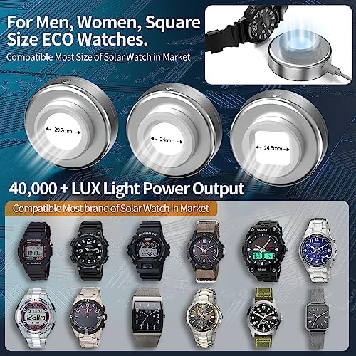 Eco-Friendly Solar Watch Charger for Men and Women – Quick Charge LED UV Light, 8-Hour Auto Shut-Off, Universal Compatibility with Casio, Seiko, Garmin & More – Stylish Black Design with Interchangeable Caps for Ultimate Convenience and Adventure-Ready Power