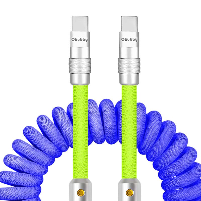 Experience Unmatched Charging Versatility with the Chubbycable Curly Chubby – 240 W High-Speed Retractable USB-C Cable, Extends 2.29 to 3.6 FT, Ideal for Car Play & Android Auto, Stylish Dark Blue and Green Coiled Design for Effortless Organization and Durability