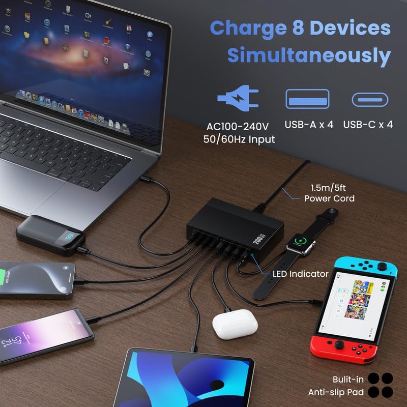 Revolutionize Your Charging Experience: 200 W Ga N III USB C Travel Charger Hub – 8-in-1 Multi-Device Fast Charging Station for Mac Book Pro, Dell XPS, i Phone 16/15/14 & Galaxy S24 – Compact, Lightweight Design with PD 65 W Power Delivery & Enhanced Compatibility – Stylish Purple Finish for Tech Enthusiasts