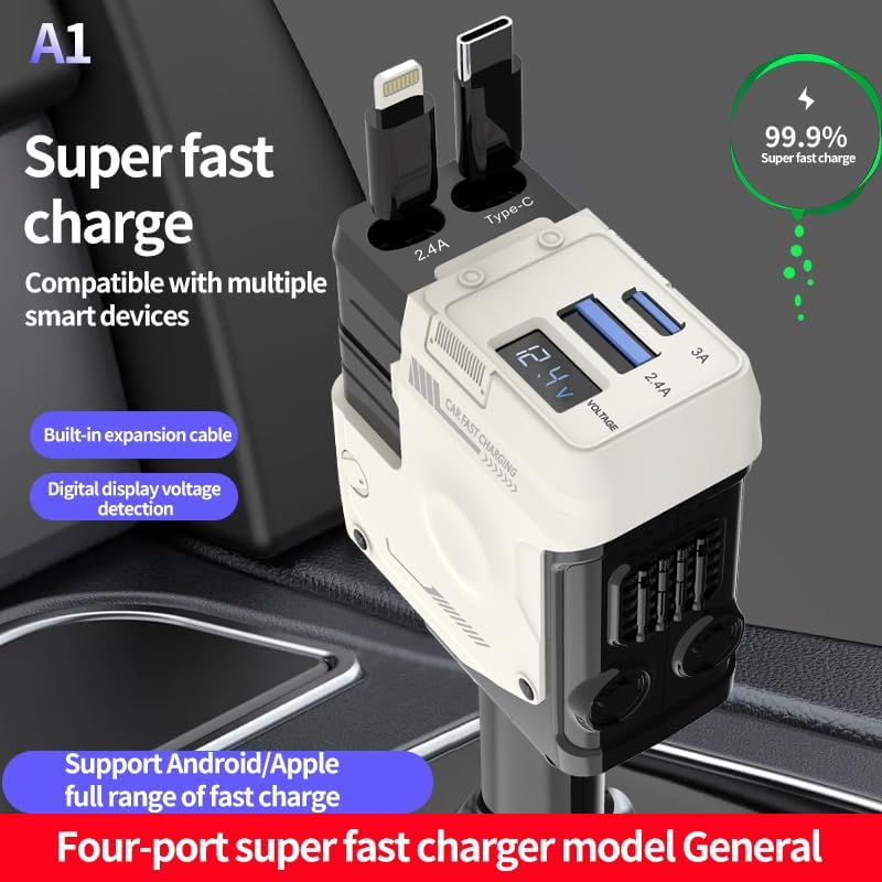 2025 Upgraded 4-in-1 Retractable Car Charger – Dual USB Ports with Fast Charging (Max 66 W) for i Phone 16/15/14/13/12 Pro Max & Samsung Galaxy Fold/S Series, Effortless Device Compatibility and Storage Solution